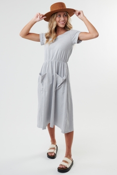 womens gray v neck cuffed sleeve patch pocket modest dress